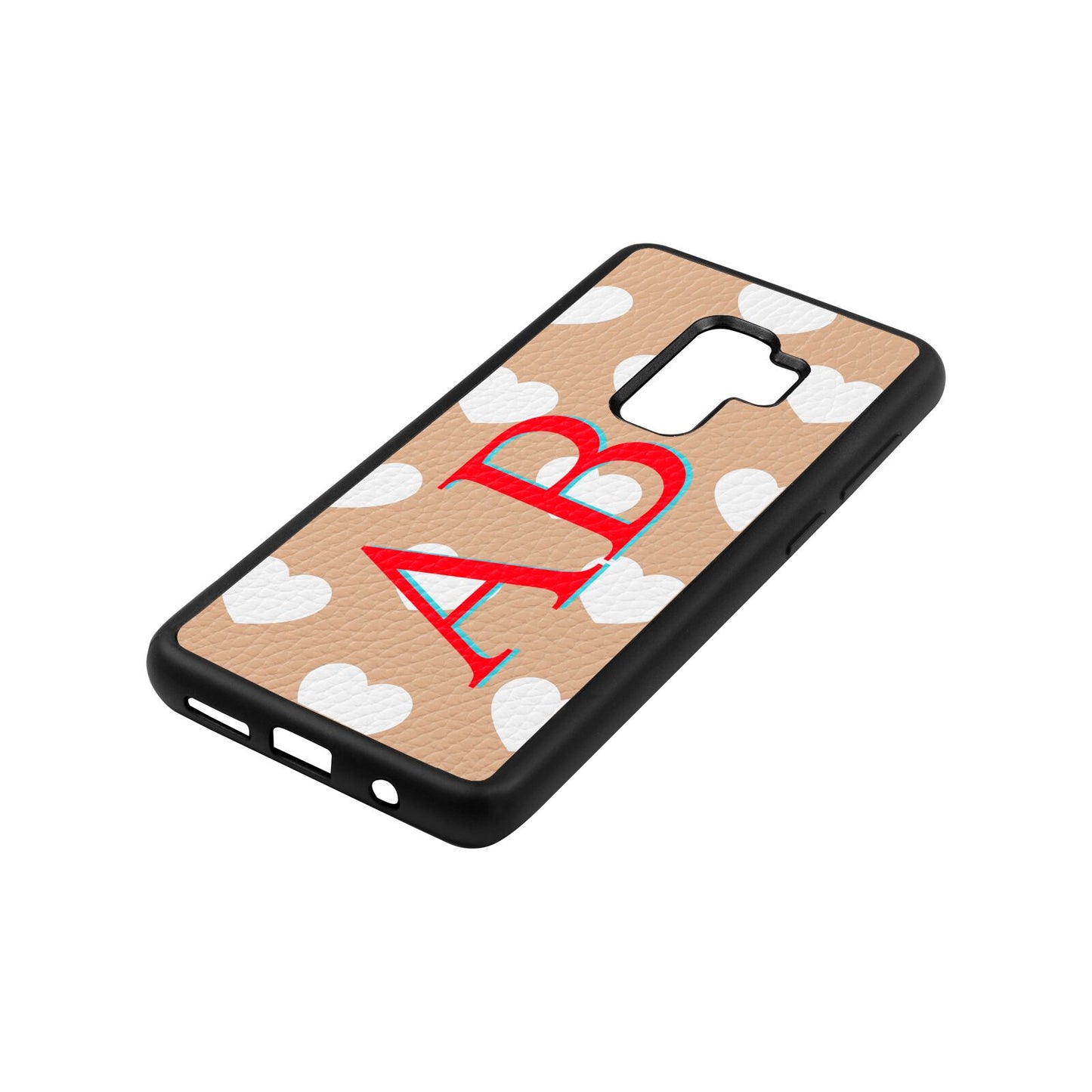 Heart Print Initials Nude Pebble Leather Samsung S9 Plus Case Side Angle