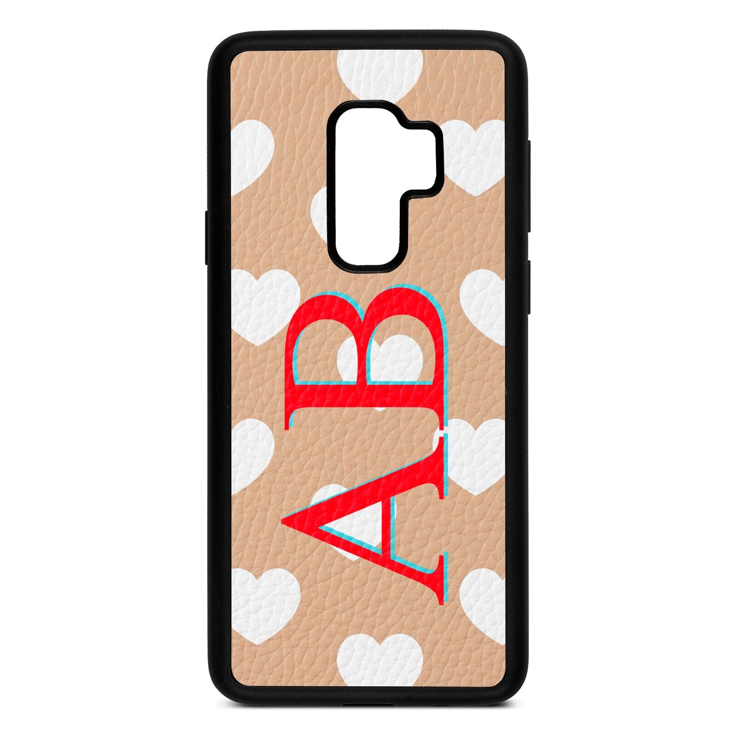 Heart Print Initials Nude Pebble Leather Samsung S9 Plus Case