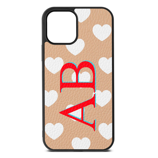 Heart Print Initials Nude Pebble Leather iPhone 12 Case