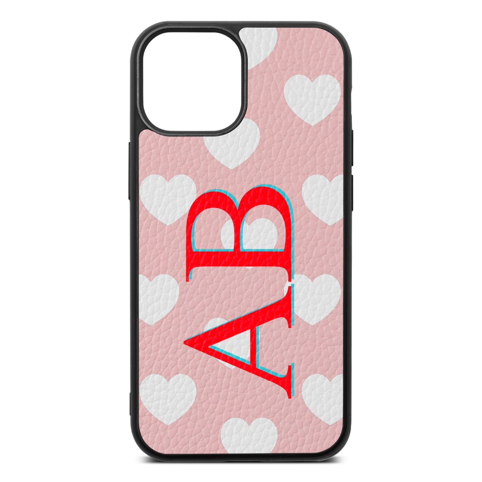 Heart Print Initials Pink Pebble Leather iPhone 13 Mini Case