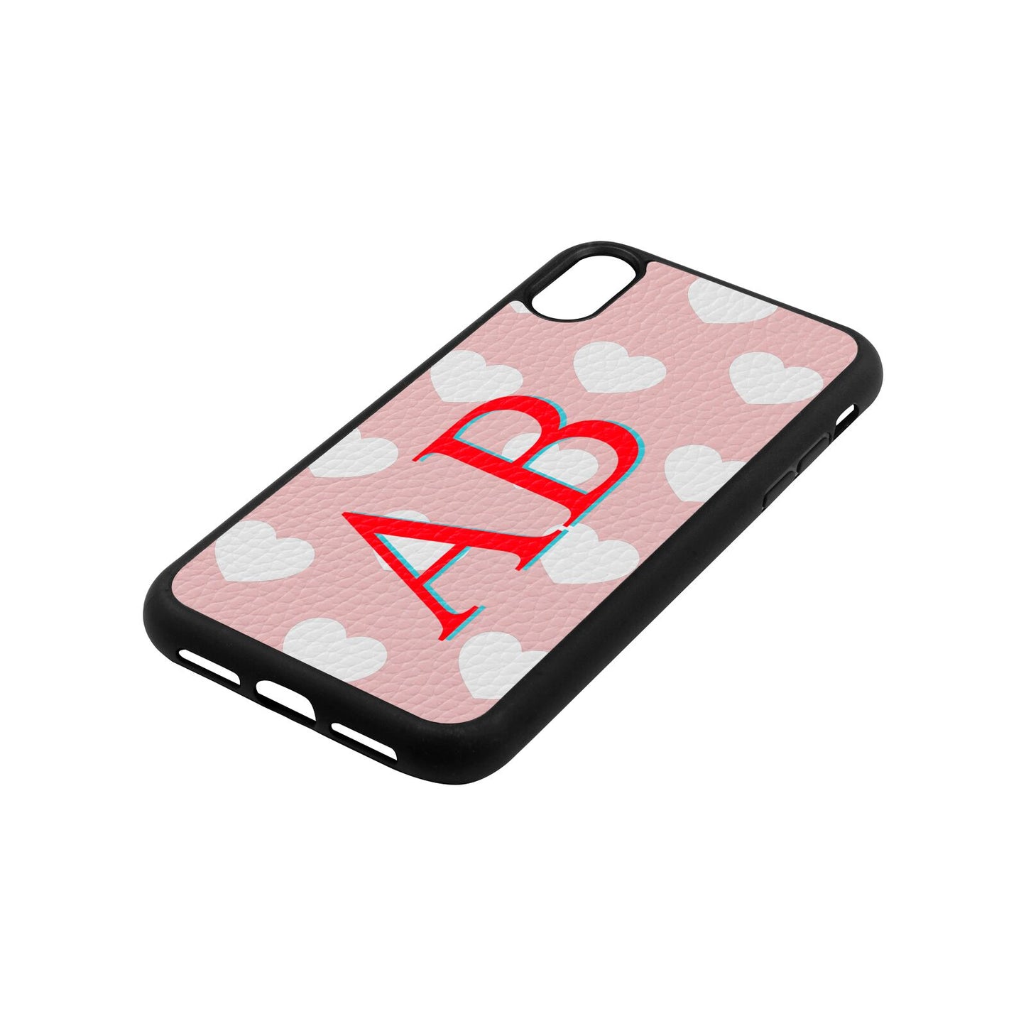 Heart Print Initials Pink Pebble Leather iPhone Xr Case Side Angle