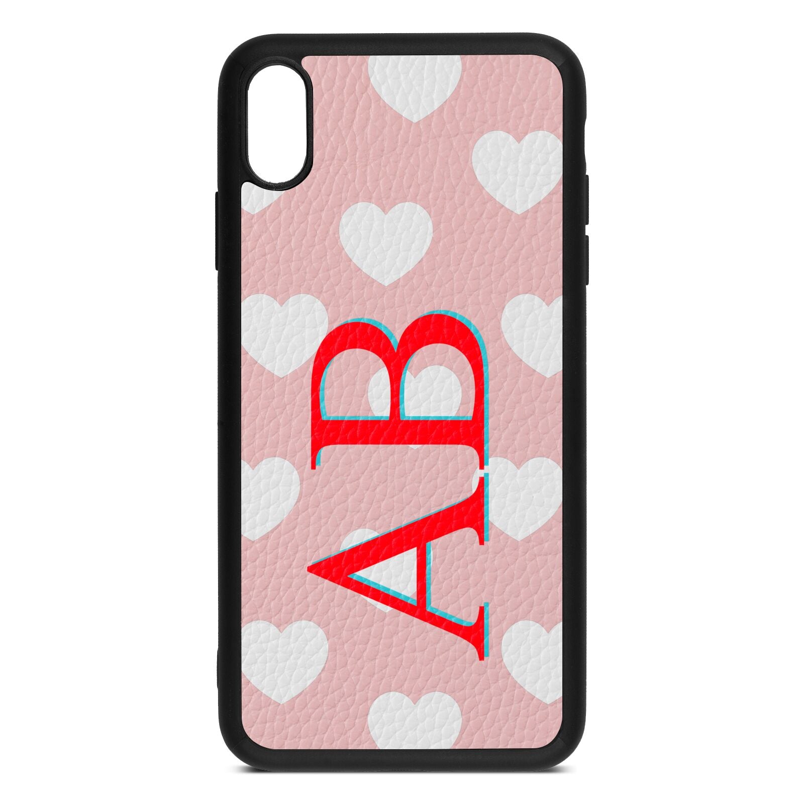 Heart Print Initials Pink Pebble Leather iPhone Xs Max Case