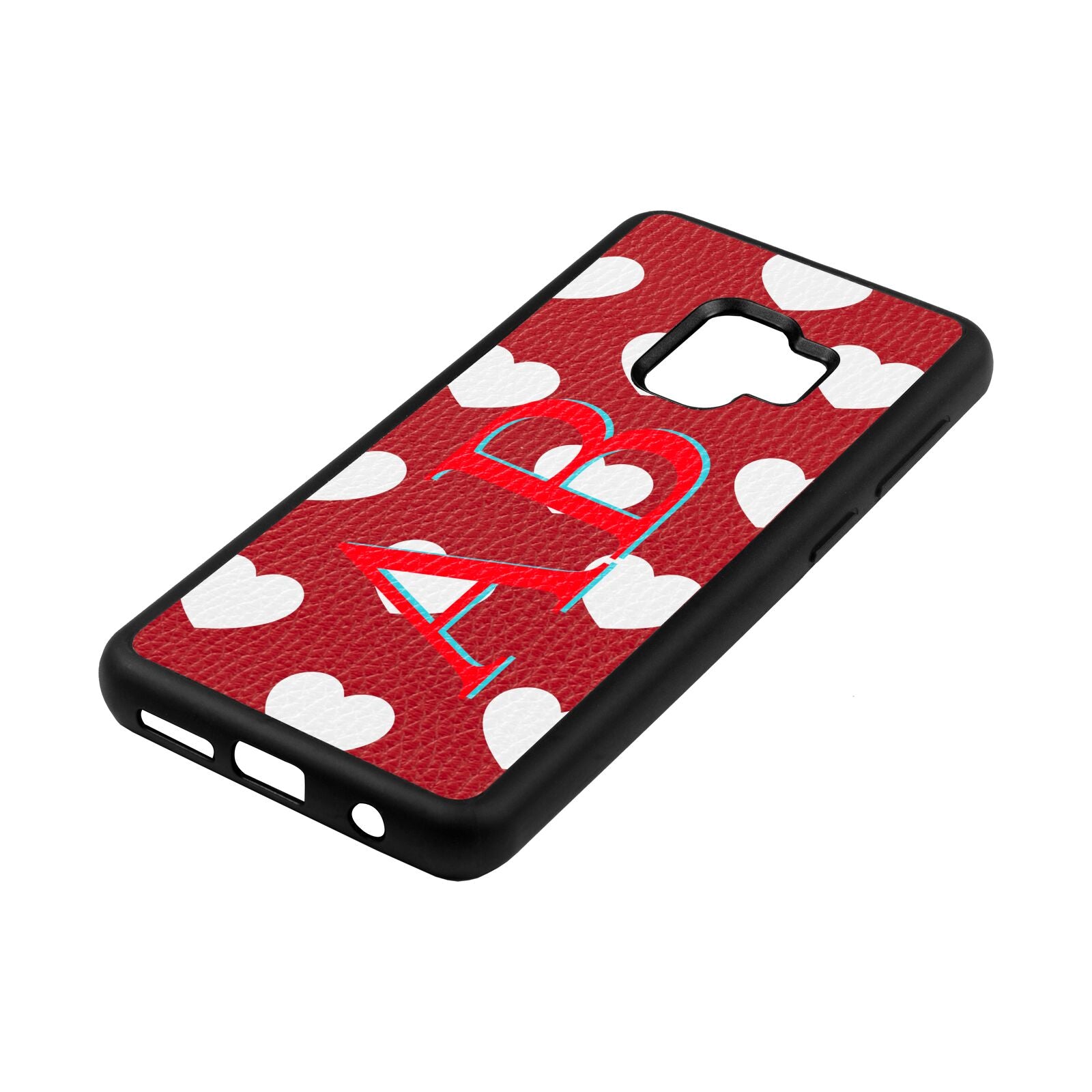 Heart Print Initials Red Pebble Leather Samsung S9 Case Side Angle