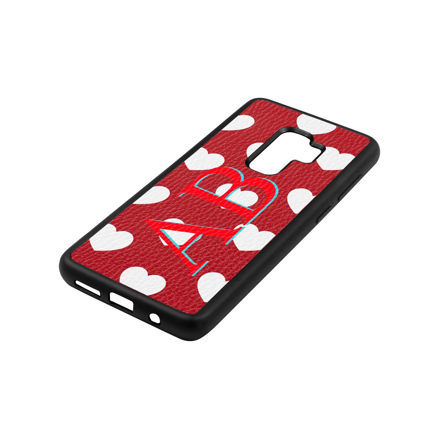 Heart Print Initials Red Pebble Leather Samsung S9 Plus Case Side Angle