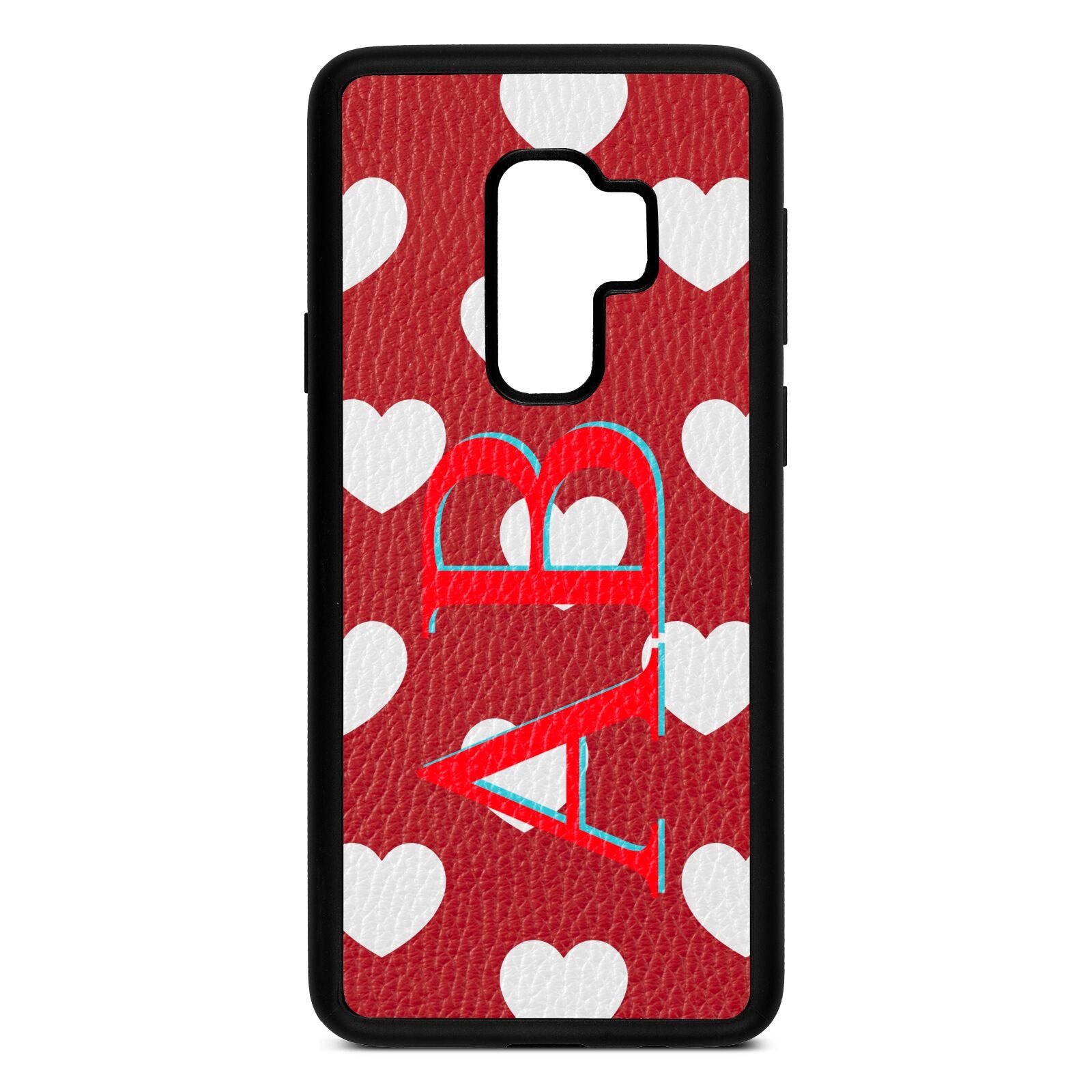 Heart Print Initials Red Pebble Leather Samsung S9 Plus Case