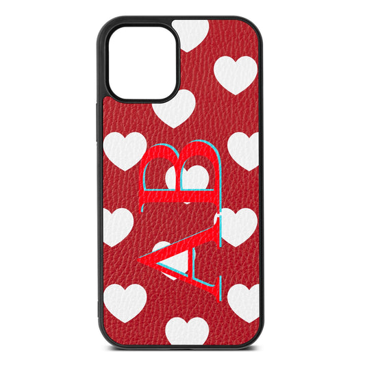 Heart Print Initials Red Pebble Leather iPhone 12 Case