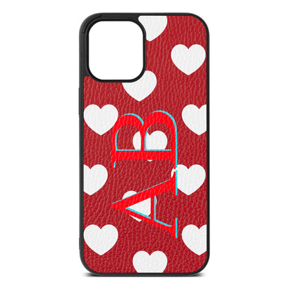 Heart Print Initials Red Pebble Leather iPhone 12 Pro Max Case