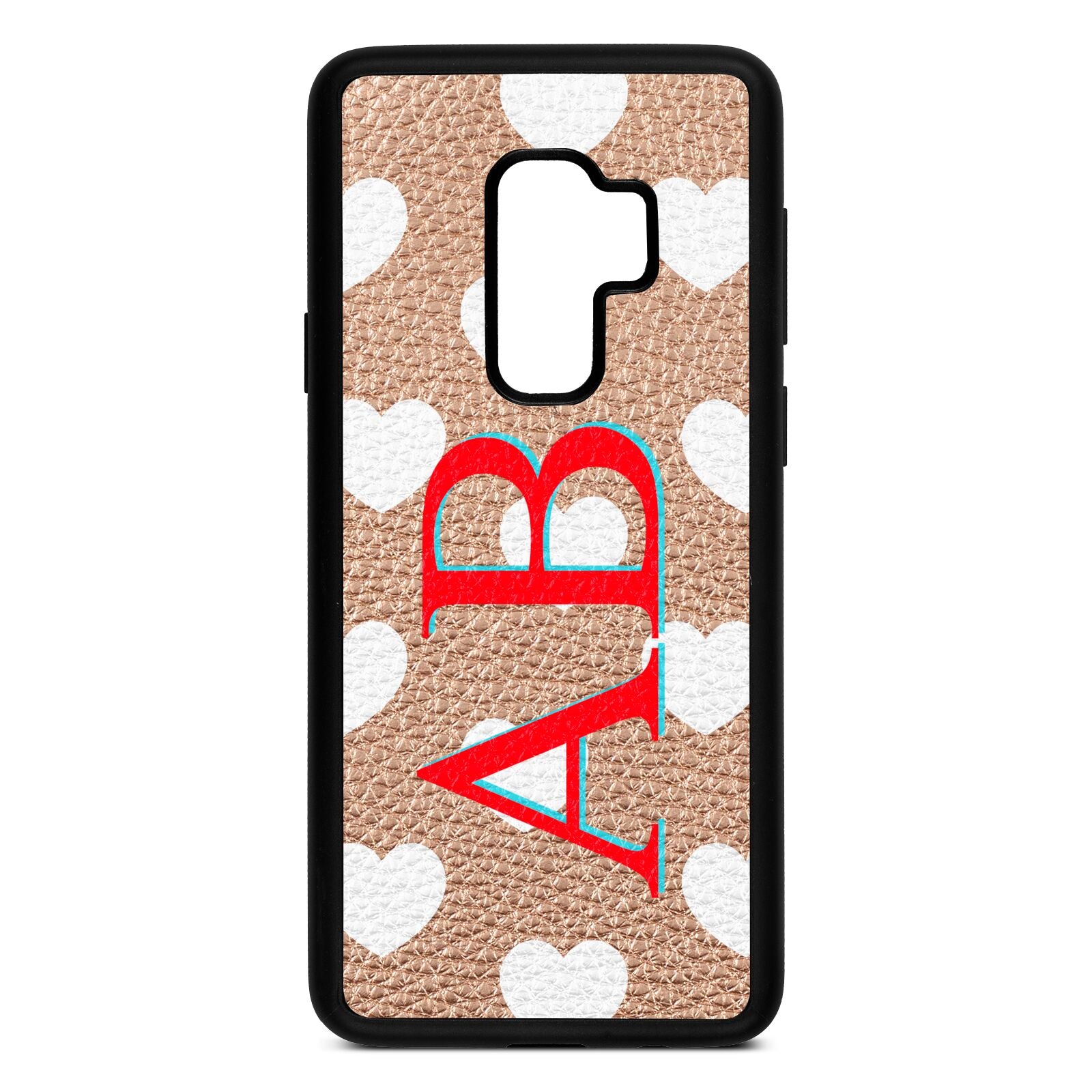 Heart Print Initials Rose Gold Pebble Leather Samsung S9 Plus Case