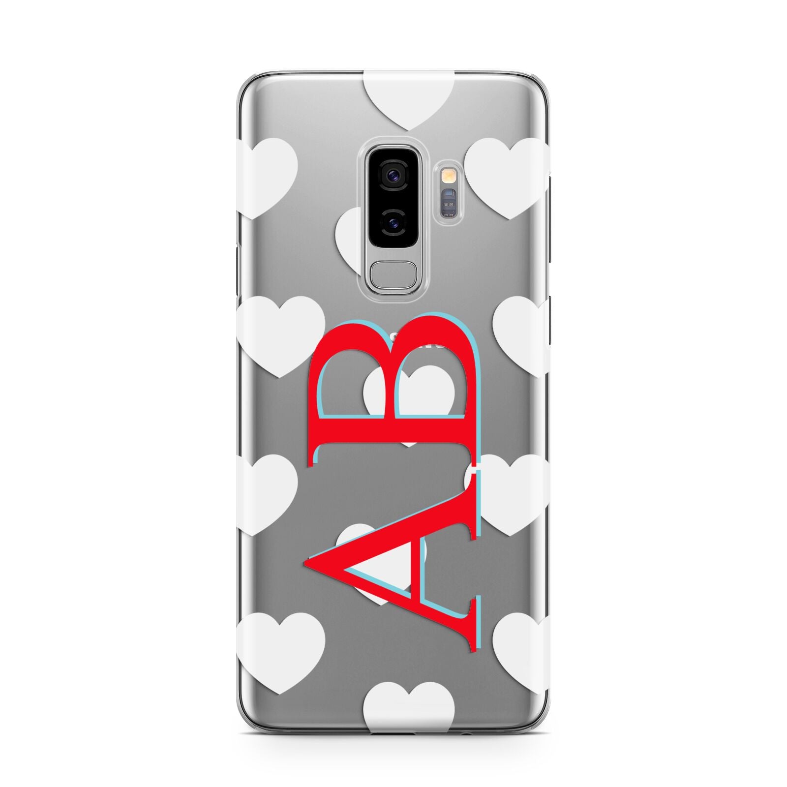 Heart Print Initials Samsung Galaxy S9 Plus Case on Silver phone