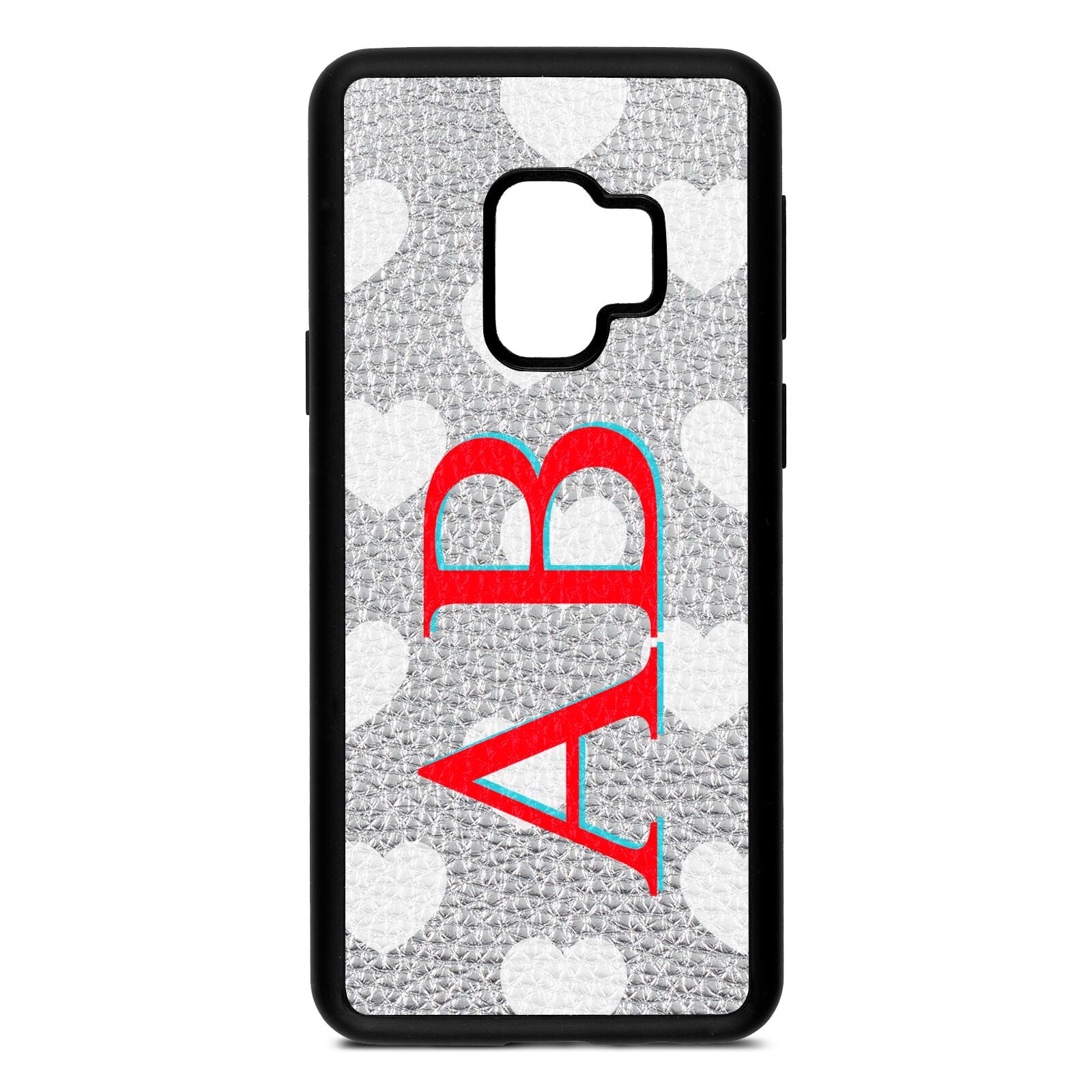 Heart Print Initials Silver Pebble Leather Samsung S9 Case