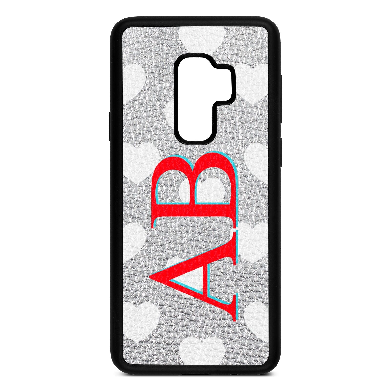 Heart Print Initials Silver Pebble Leather Samsung S9 Plus Case