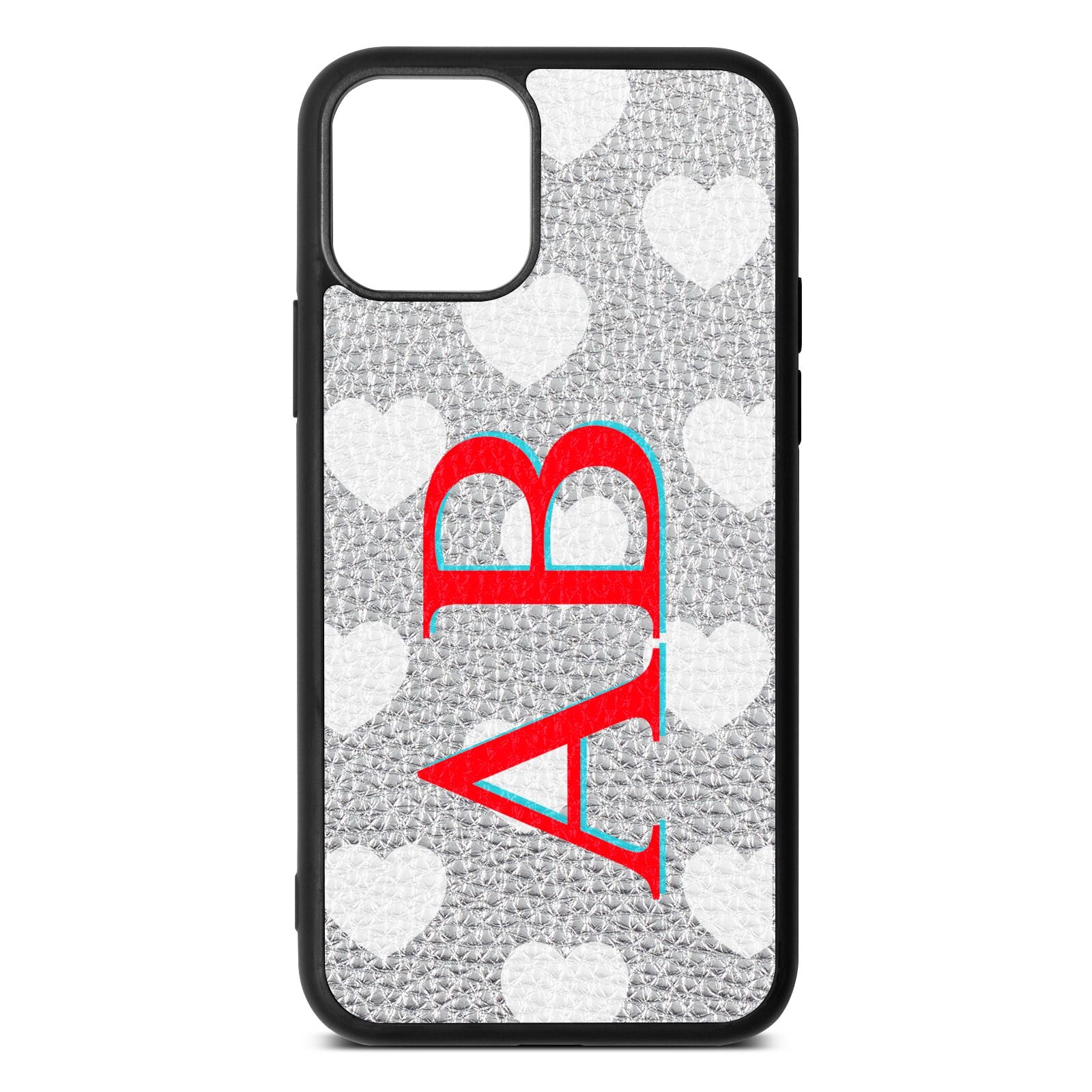 Heart Print Initials Silver Pebble Leather iPhone 11 Pro Case