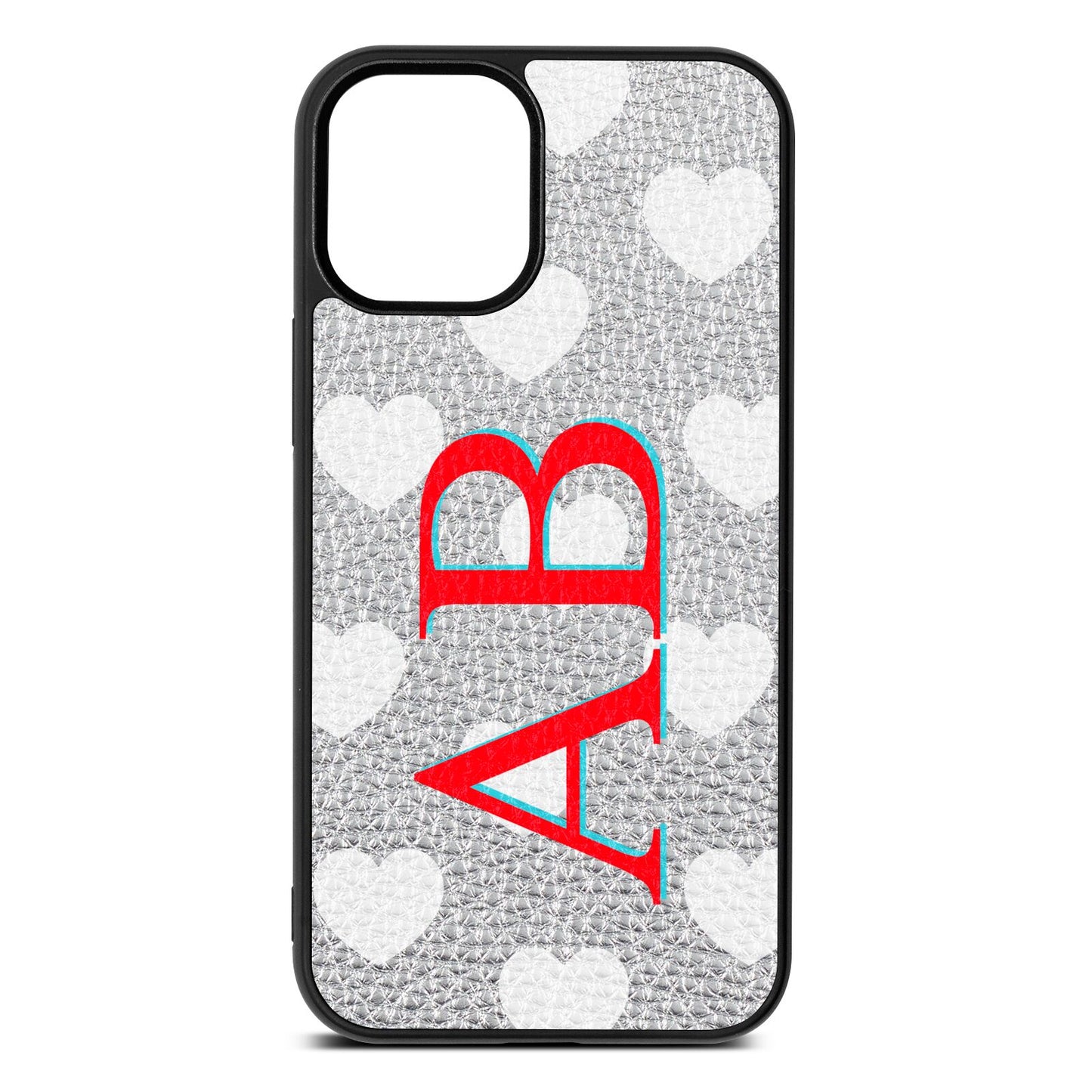 Heart Print Initials Silver Pebble Leather iPhone 12 Mini Case