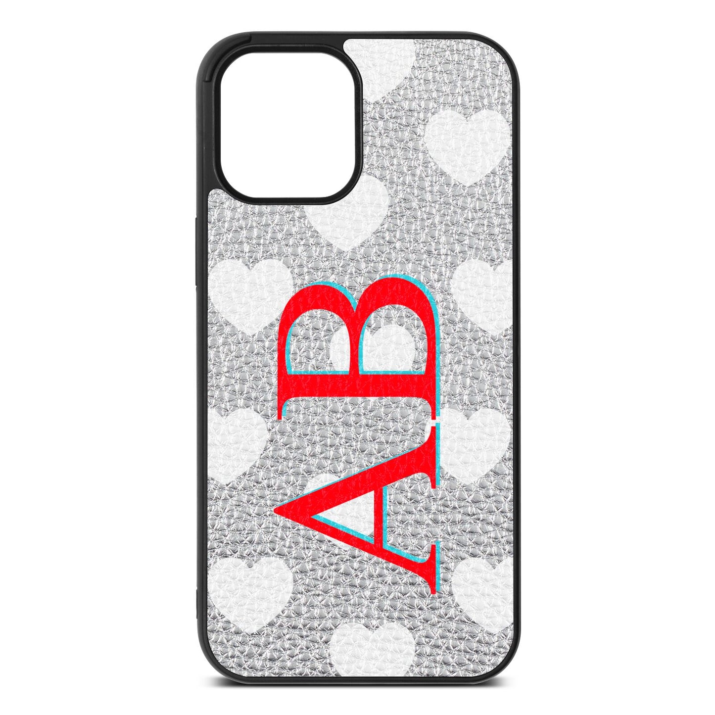 Heart Print Initials Silver Pebble Leather iPhone 12 Pro Max Case