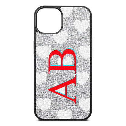 Heart Print Initials Silver Pebble Leather iPhone 13 Case