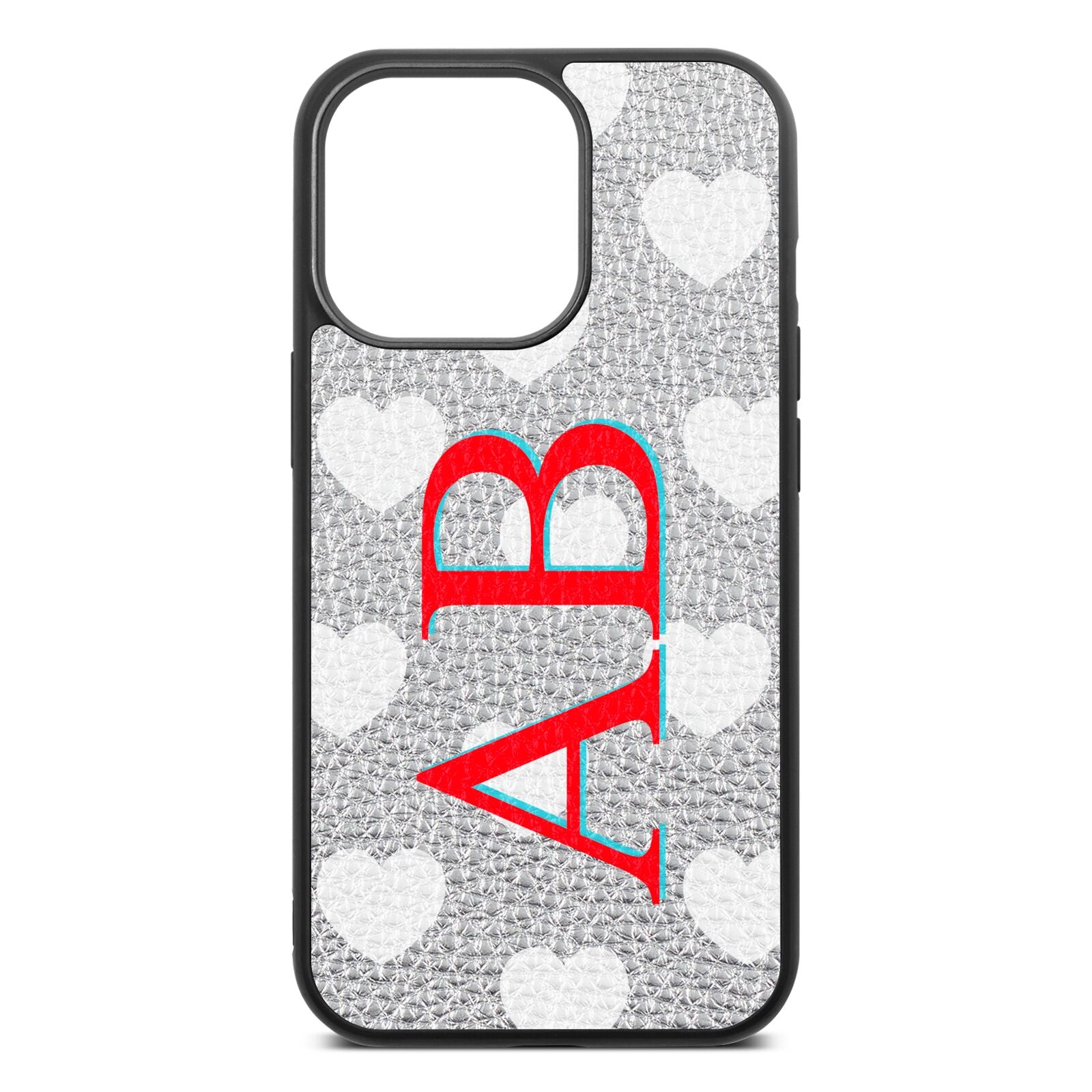 Heart Print Initials Silver Pebble Leather iPhone 13 Pro Case