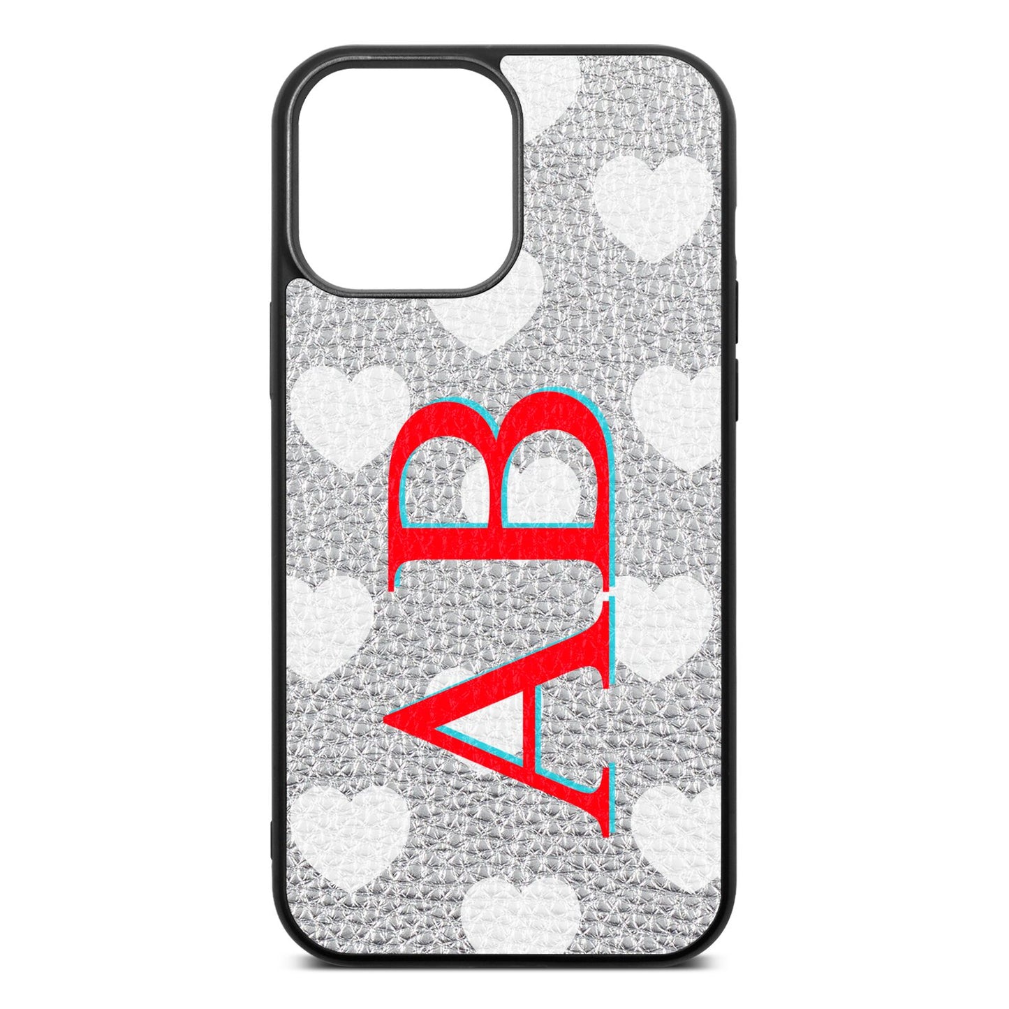 Heart Print Initials Silver Pebble Leather iPhone 13 Pro Max Case