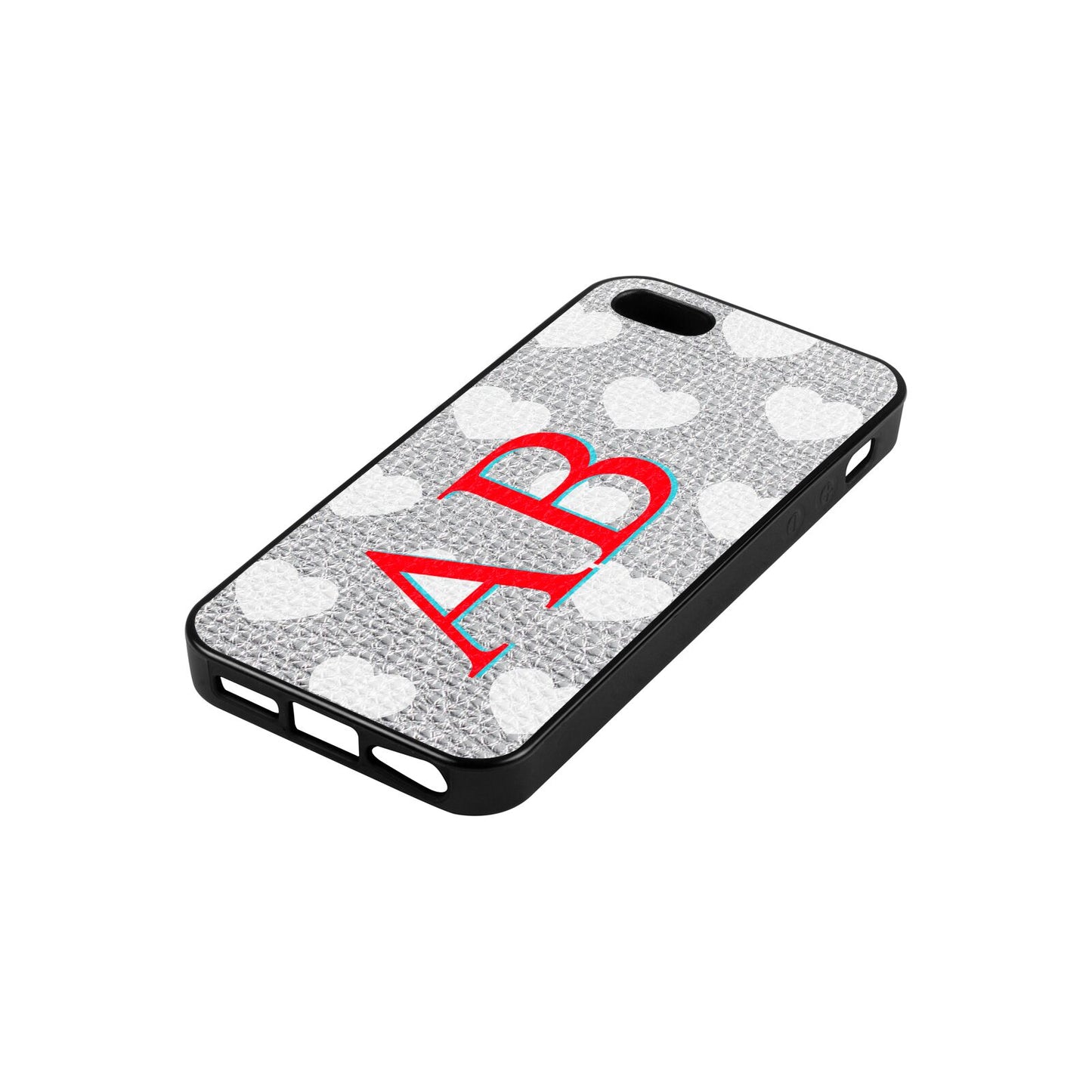 Heart Print Initials Silver Pebble Leather iPhone 5 Case Side Angle