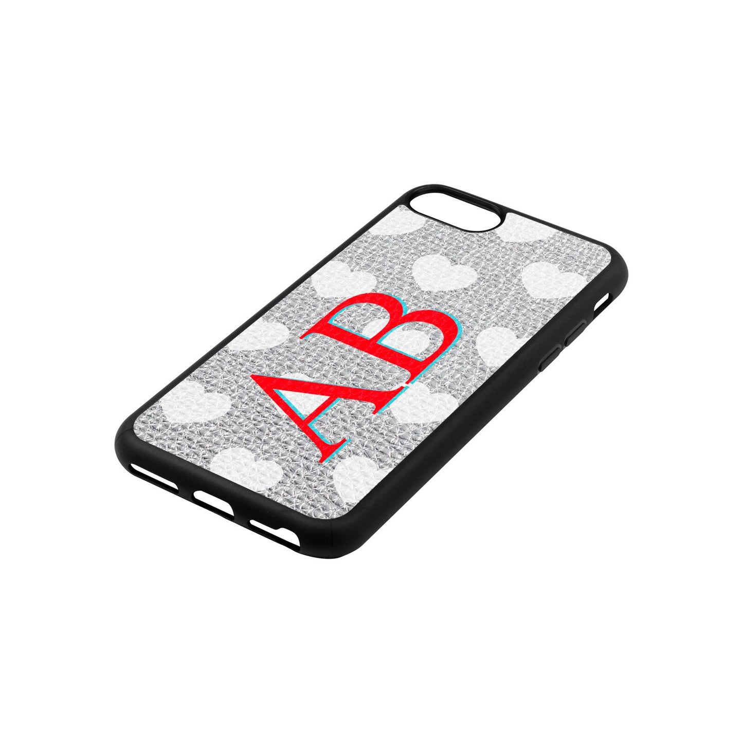 Heart Print Initials Silver Pebble Leather iPhone 8 Case Side Angle