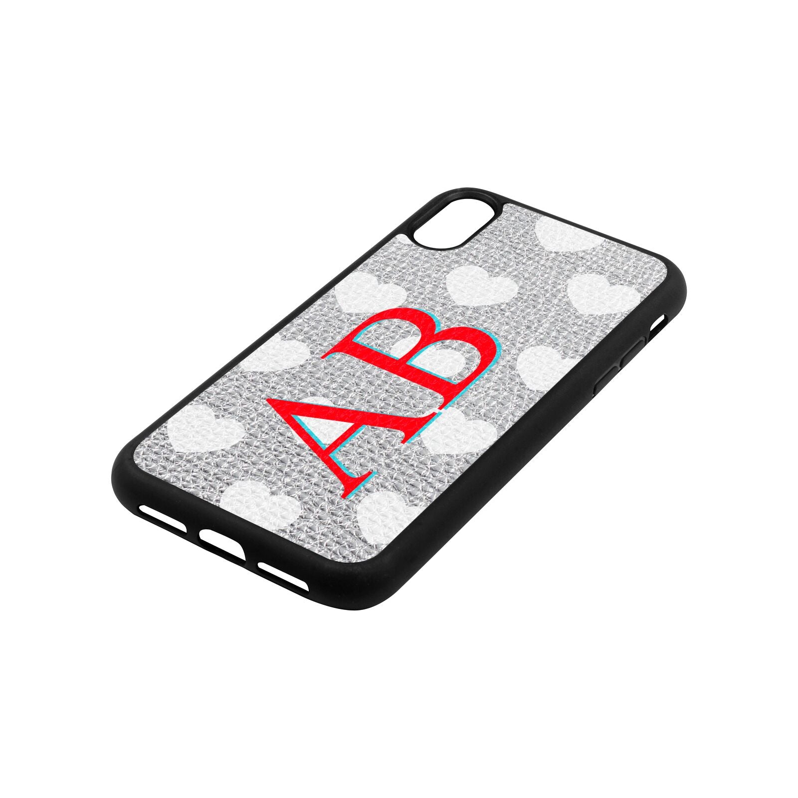 Heart Print Initials Silver Pebble Leather iPhone Xr Case Side Angle