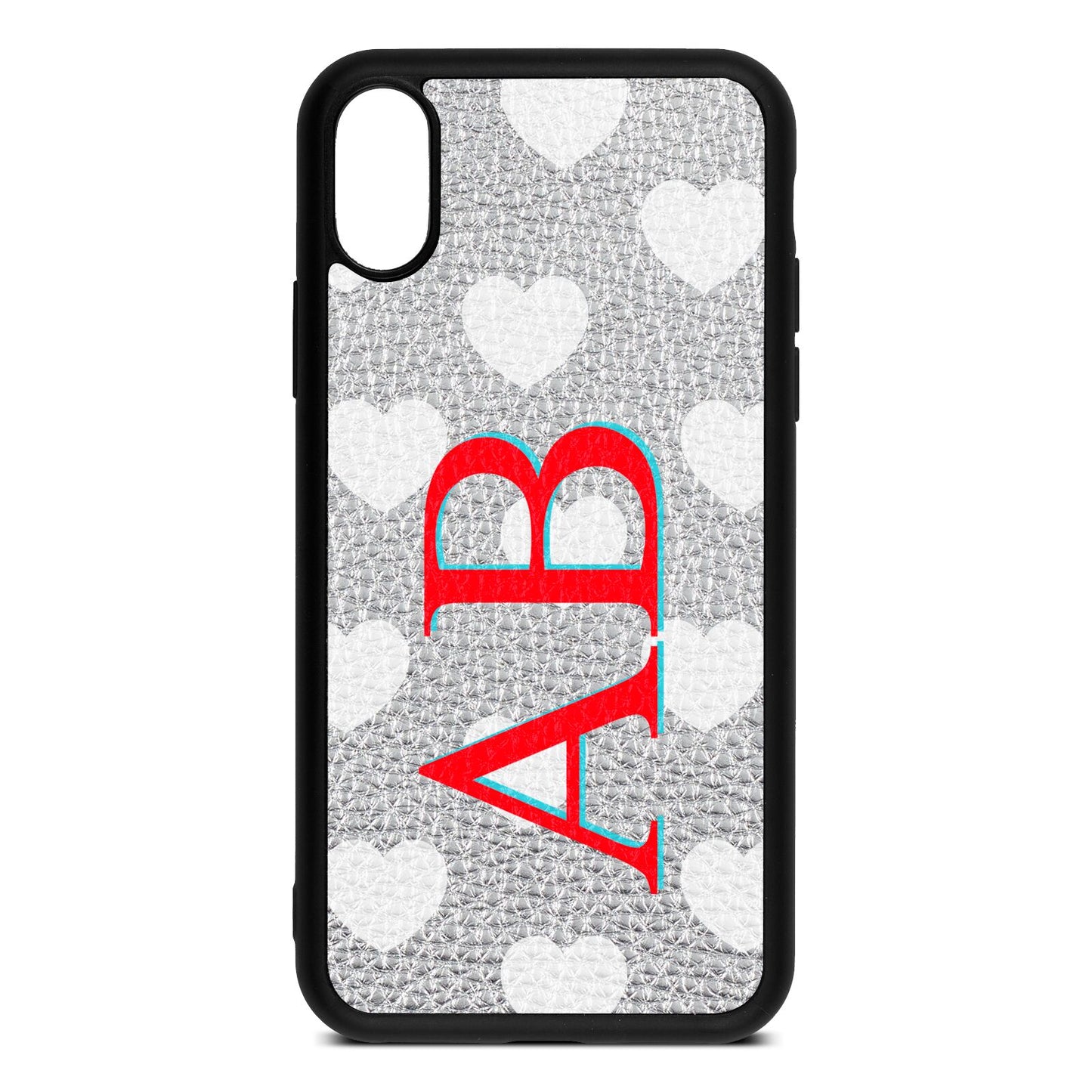 Heart Print Initials Silver Pebble Leather iPhone Xs Case