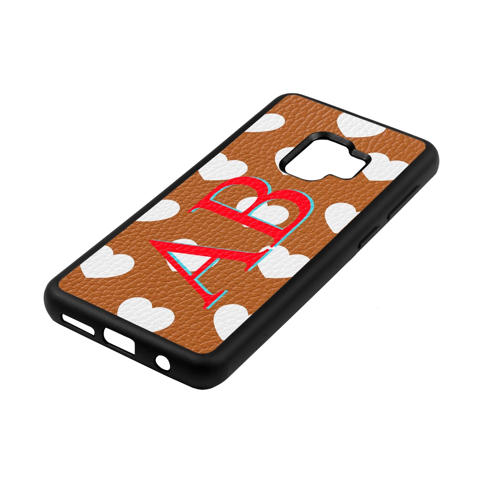 Heart Print Initials Tan Pebble Leather Samsung S9 Case Side Angle