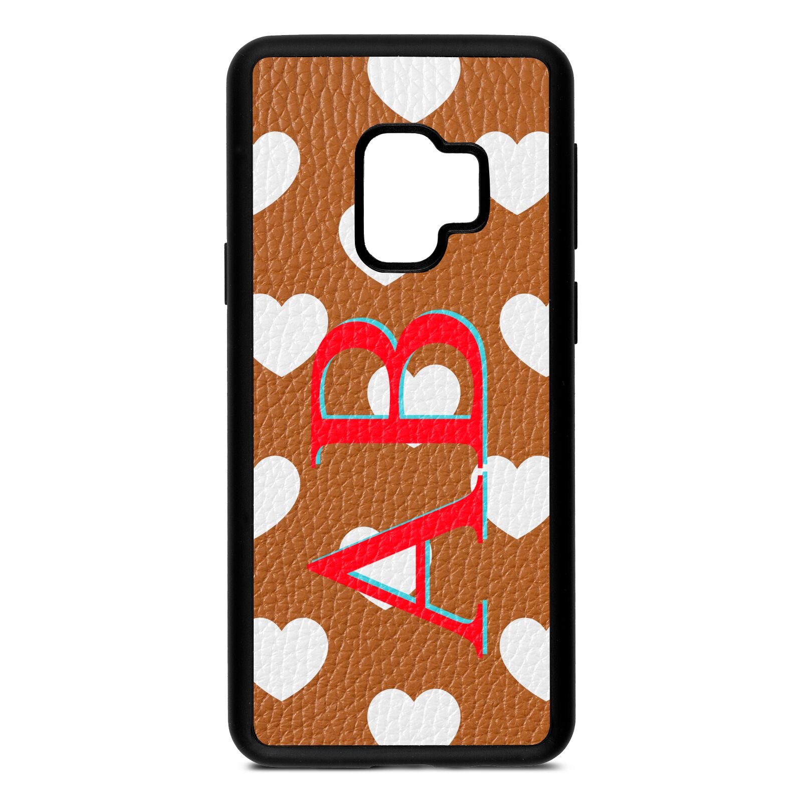 Heart Print Initials Tan Pebble Leather Samsung S9 Case