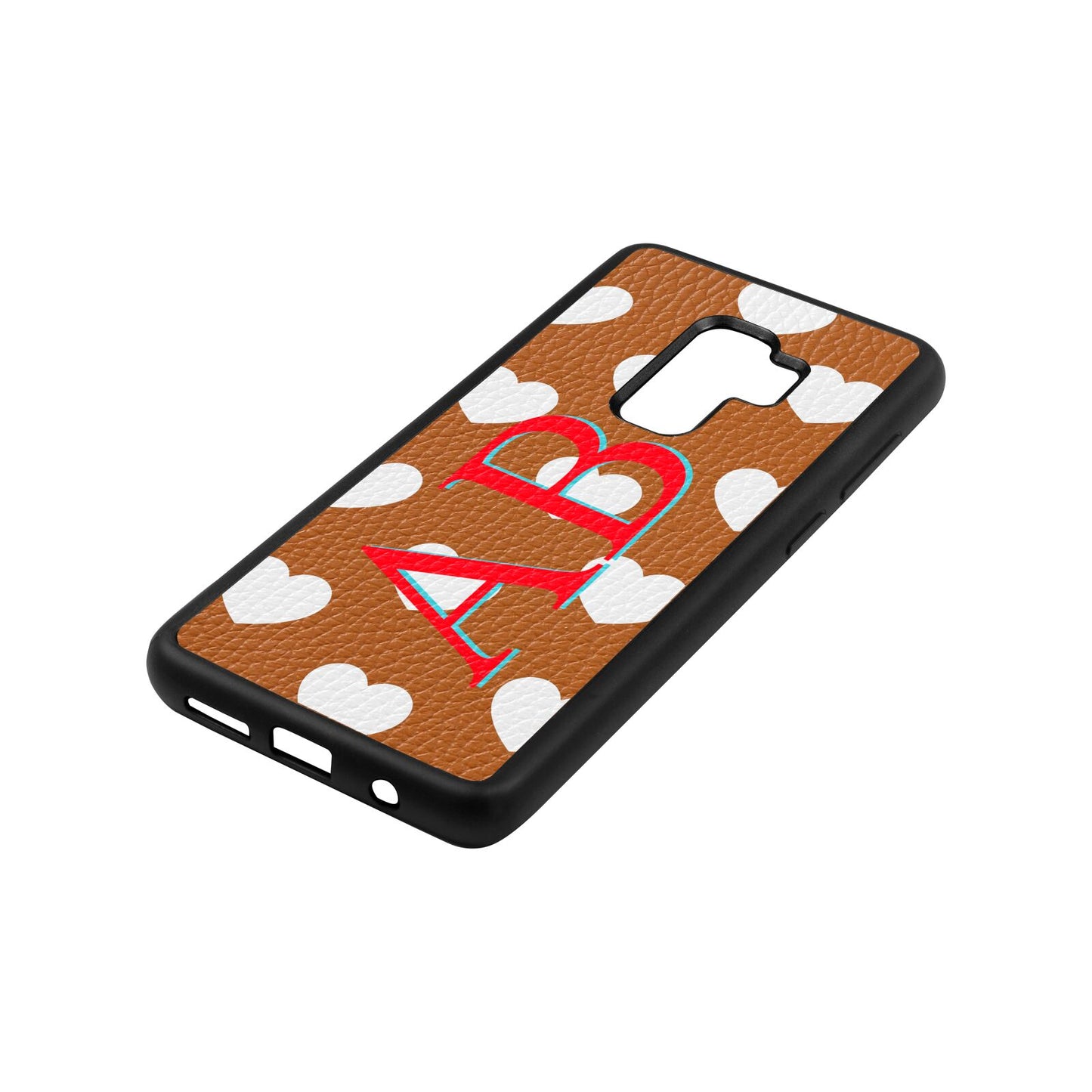 Heart Print Initials Tan Pebble Leather Samsung S9 Plus Case Side Angle