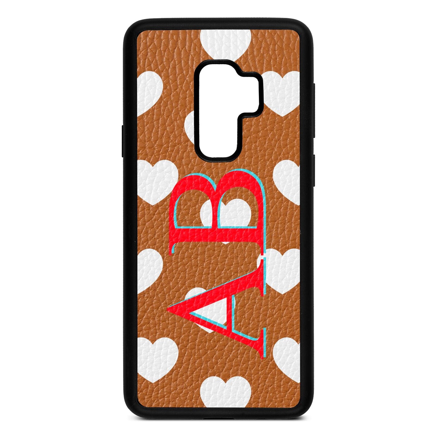 Heart Print Initials Tan Pebble Leather Samsung S9 Plus Case