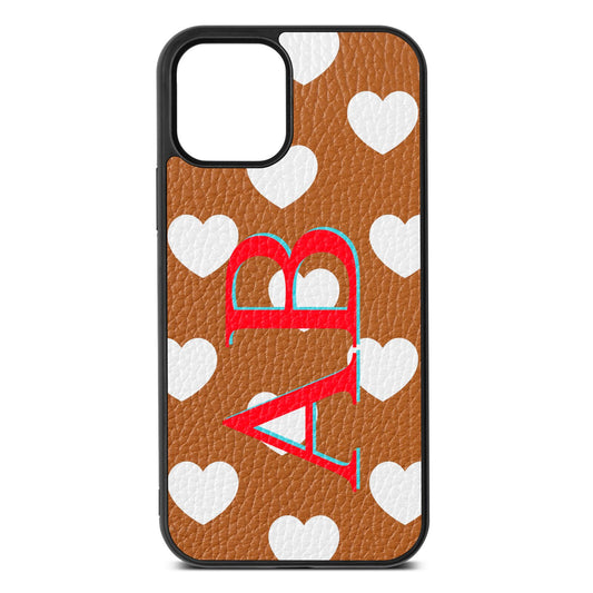 Heart Print Initials Tan Pebble Leather iPhone 12 Case