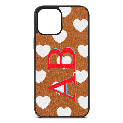 Heart Print Initials Tan Pebble Leather iPhone 12 Pro Max Case