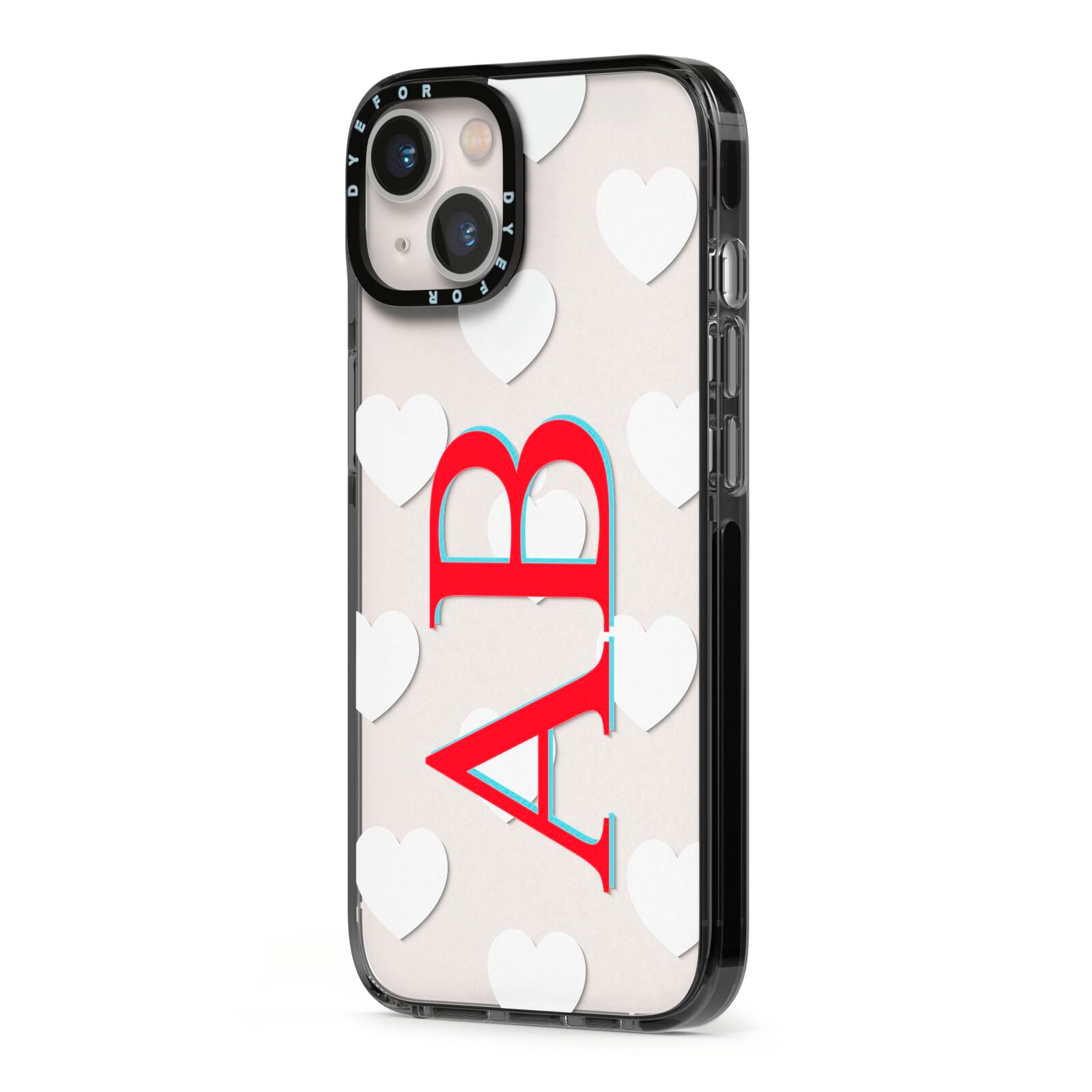 Heart Print Initials iPhone 13 Black Impact Case Side Angle on Silver phone