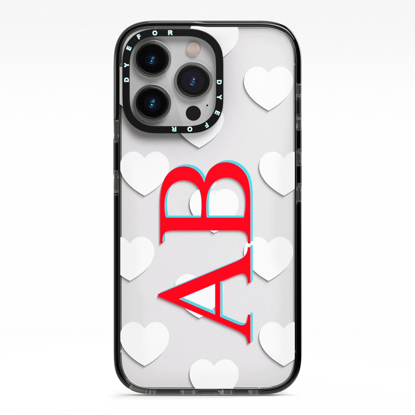 Heart Print Initials iPhone 13 Pro Black Impact Case on Silver phone