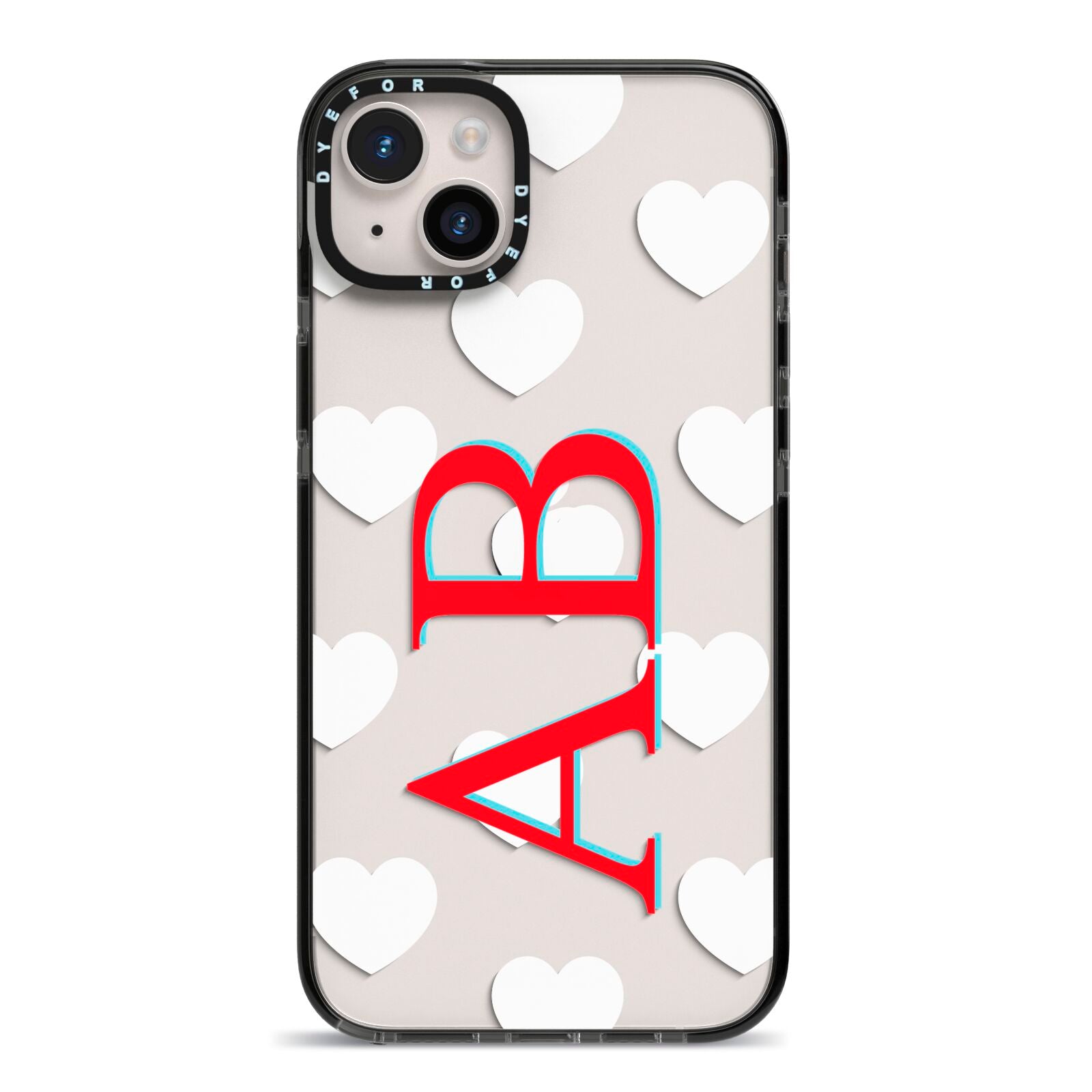 Heart Print Initials iPhone 14 Plus Black Impact Case on Silver phone