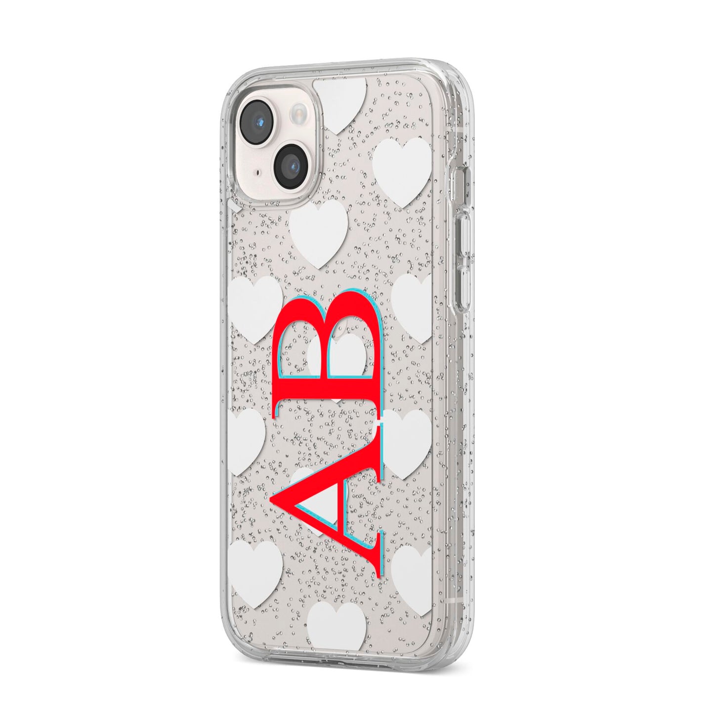 Heart Print Initials iPhone 14 Plus Glitter Tough Case Starlight Angled Image