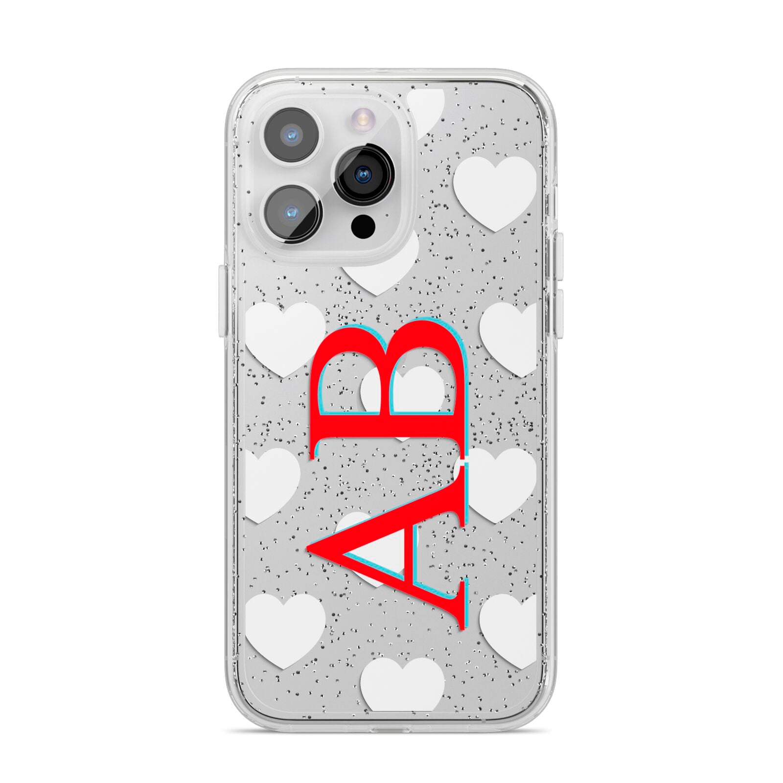 Heart Print Initials iPhone 14 Pro Max Glitter Tough Case Silver