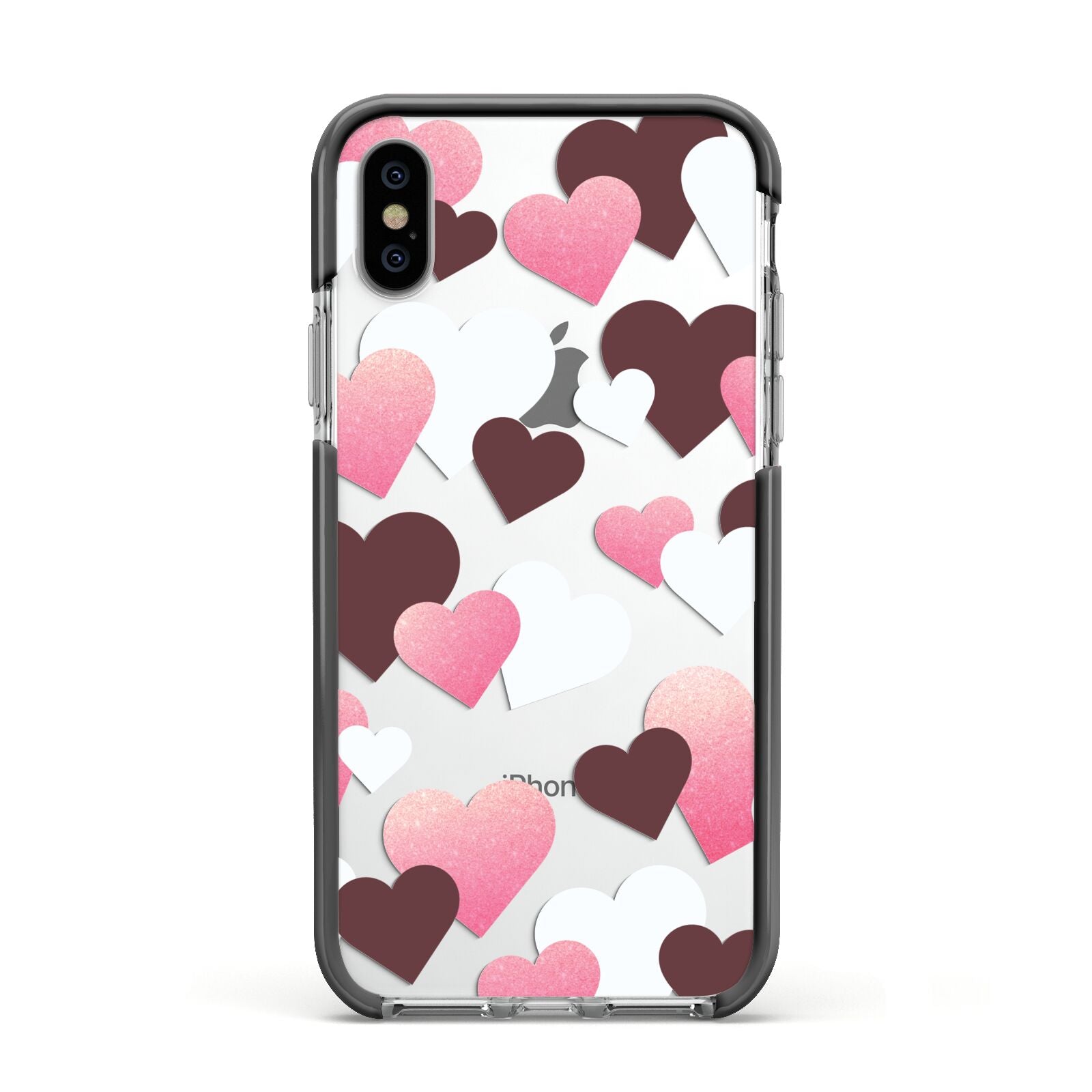 Hearts Apple iPhone Xs Impact Case Black Edge on Silver Phone