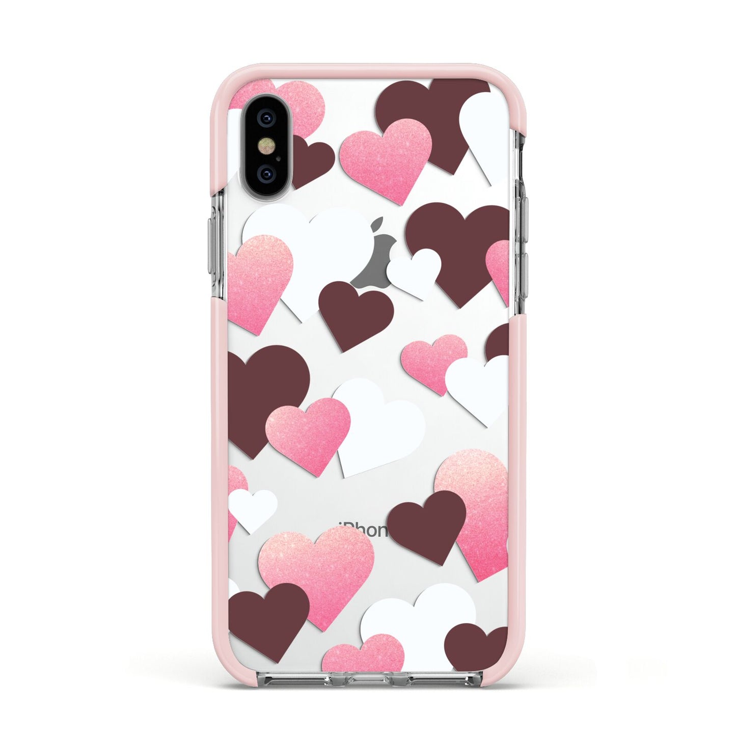 Hearts Apple iPhone Xs Impact Case Pink Edge on Silver Phone