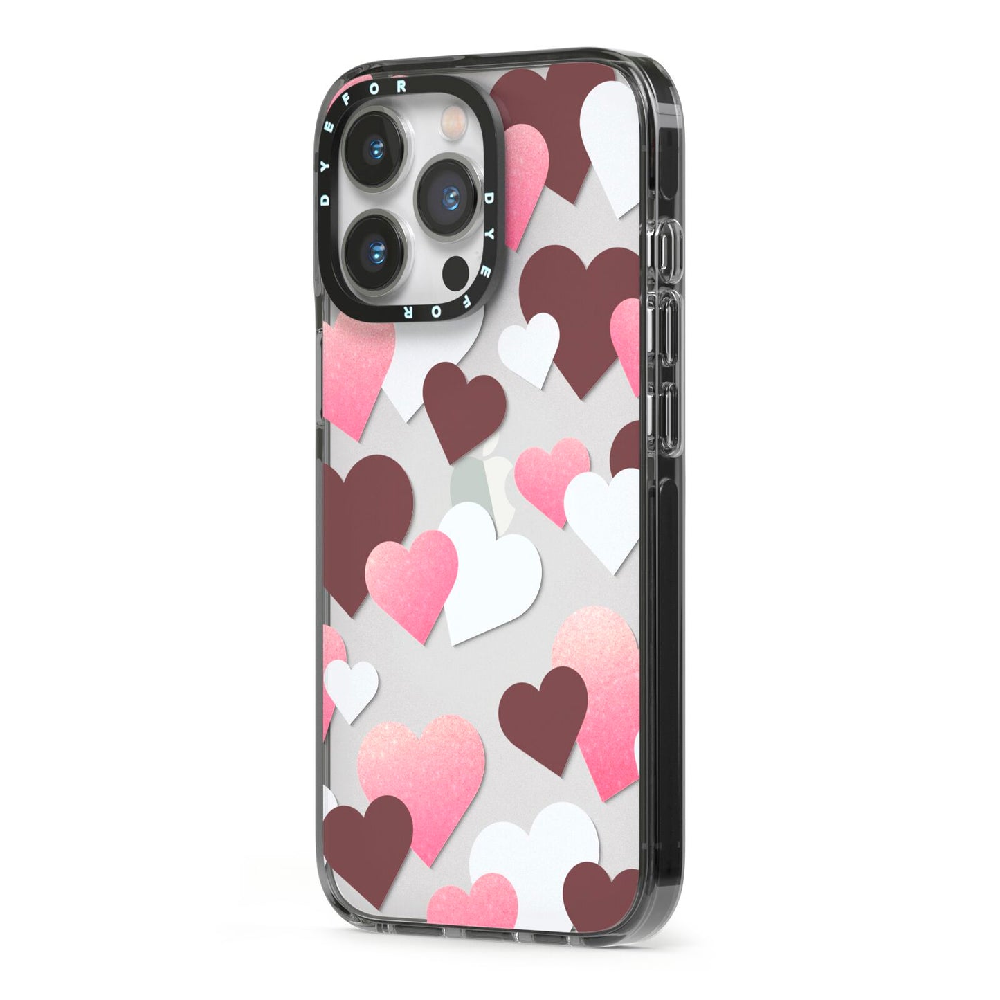 Hearts iPhone 13 Pro Black Impact Case Side Angle on Silver phone