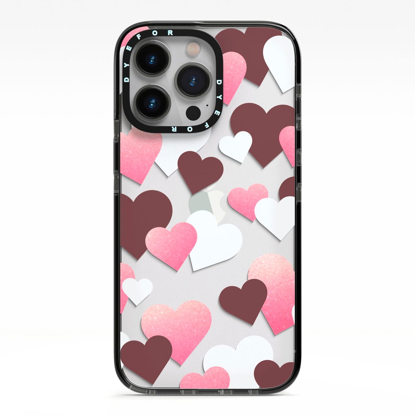 Hearts iPhone 13 Pro Black Impact Case on Silver phone
