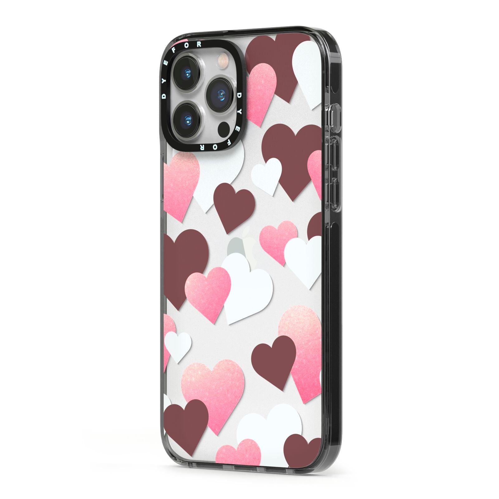 Hearts iPhone 13 Pro Max Black Impact Case Side Angle on Silver phone