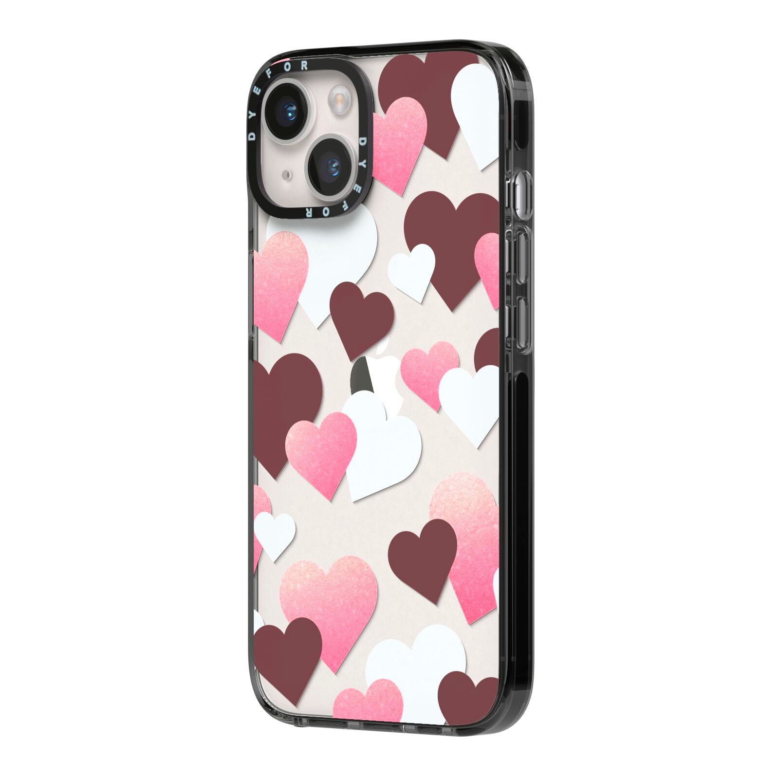 Hearts iPhone 14 Black Impact Case Side Angle on Silver phone