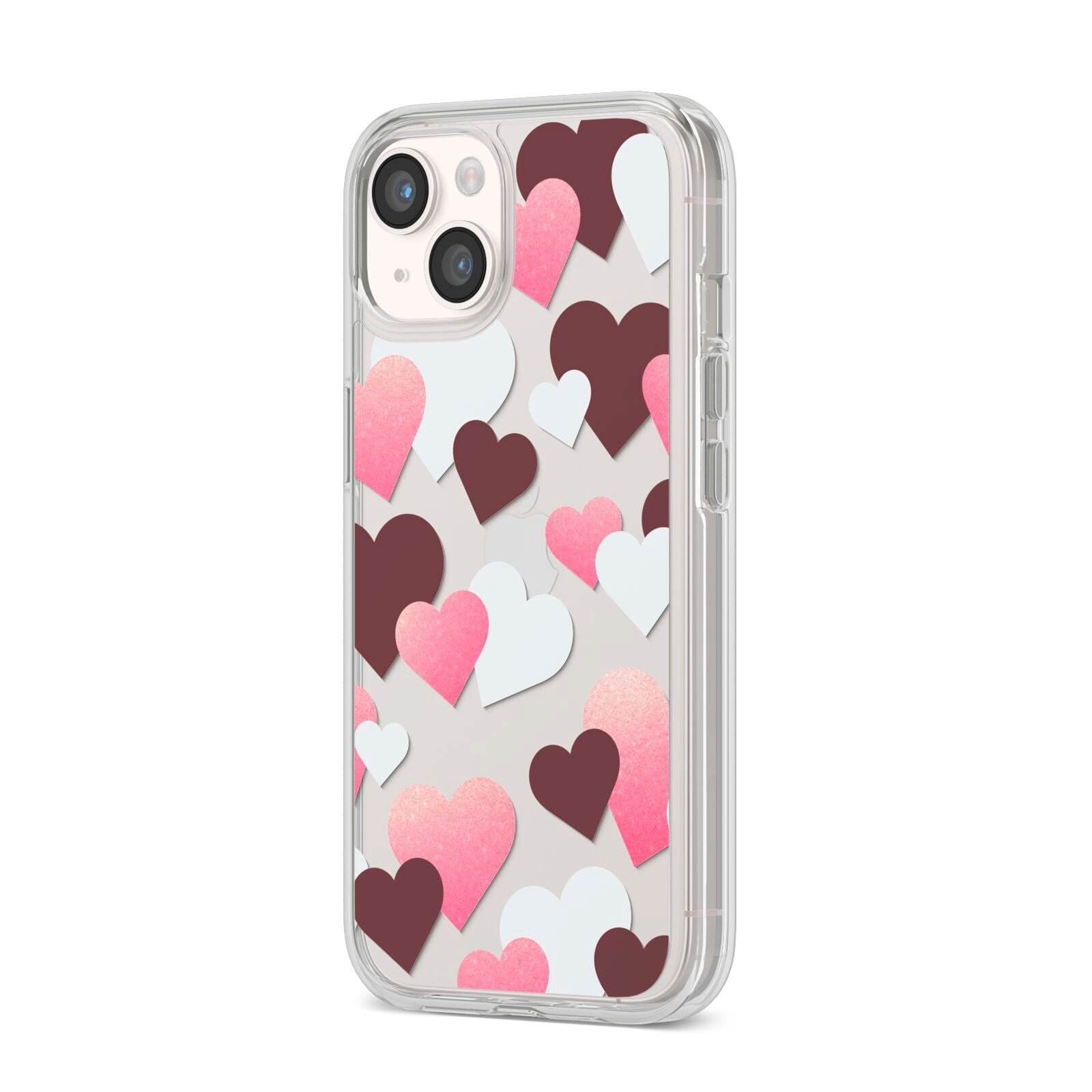 Hearts iPhone 14 Clear Tough Case Starlight Angled Image
