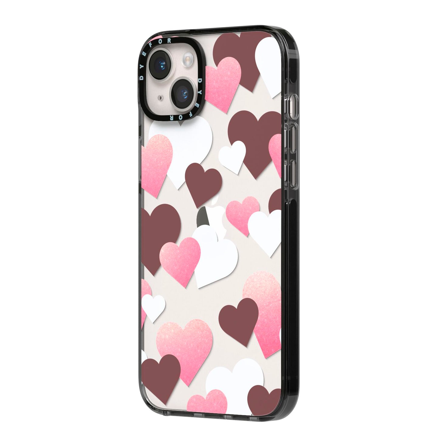 Hearts iPhone 14 Plus Black Impact Case Side Angle on Silver phone