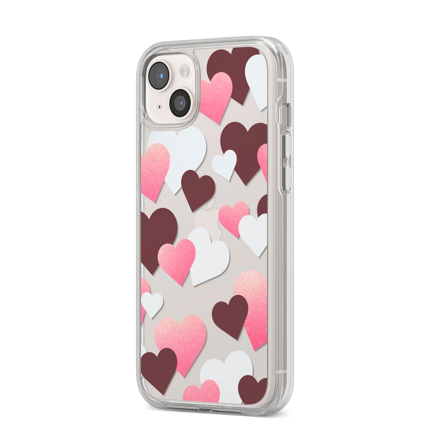 Hearts iPhone 14 Plus Clear Tough Case Starlight Angled Image
