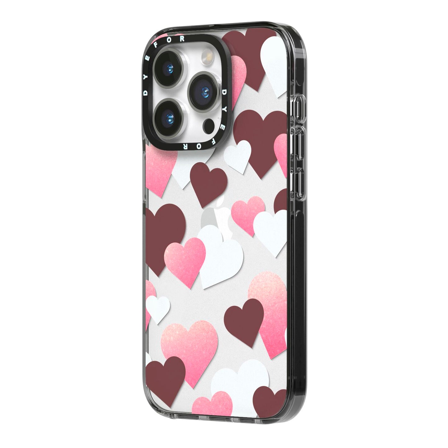 Hearts iPhone 14 Pro Black Impact Case Side Angle on Silver phone
