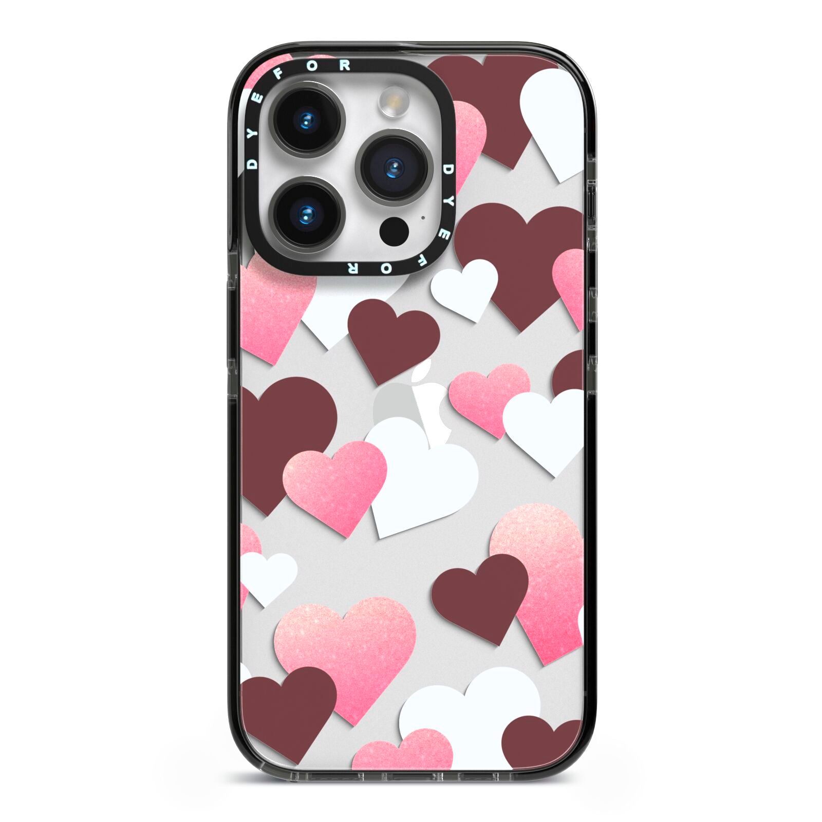 Hearts iPhone 14 Pro Black Impact Case on Silver phone