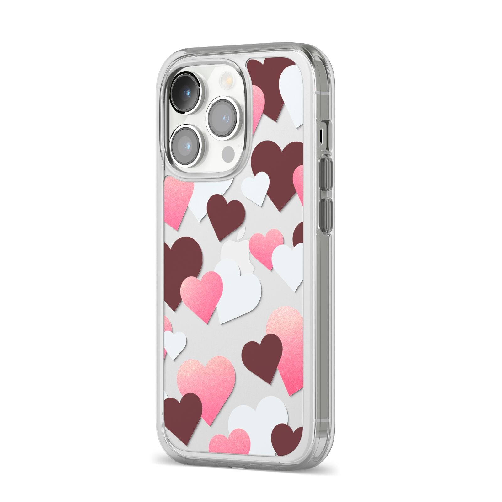 Hearts iPhone 14 Pro Clear Tough Case Silver Angled Image