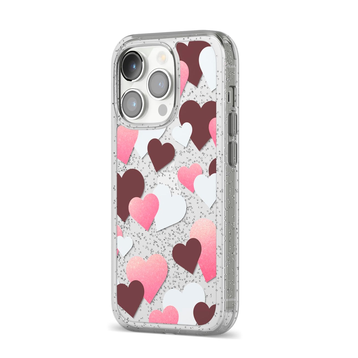 Hearts iPhone 14 Pro Glitter Tough Case Silver Angled Image