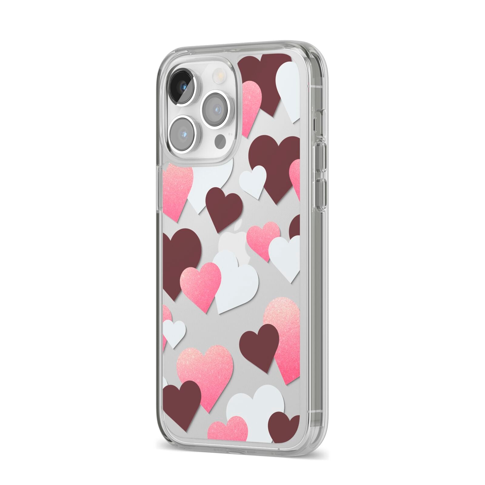 Hearts iPhone 14 Pro Max Clear Tough Case Silver Angled Image